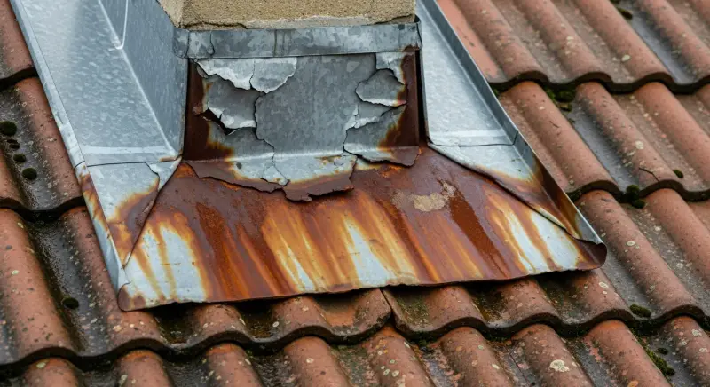 Undichter Schornsteinanschluss vor Reparatur