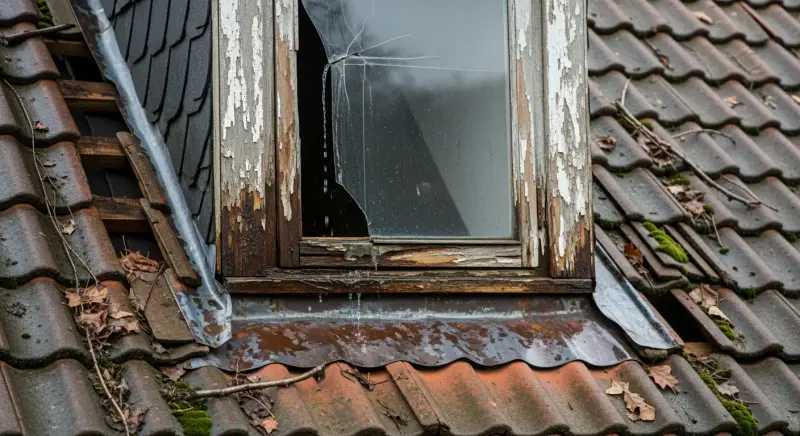 Beschädigte Gaube vor Renovierung
