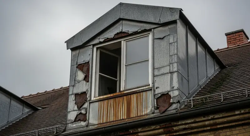 Beschädigte Dachgaube vor Reparatur